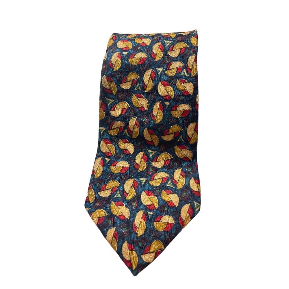 Ermenegildo Zegna Silk Tie Navy Blue Gold Red Abstract Geometric Pattern Z-7